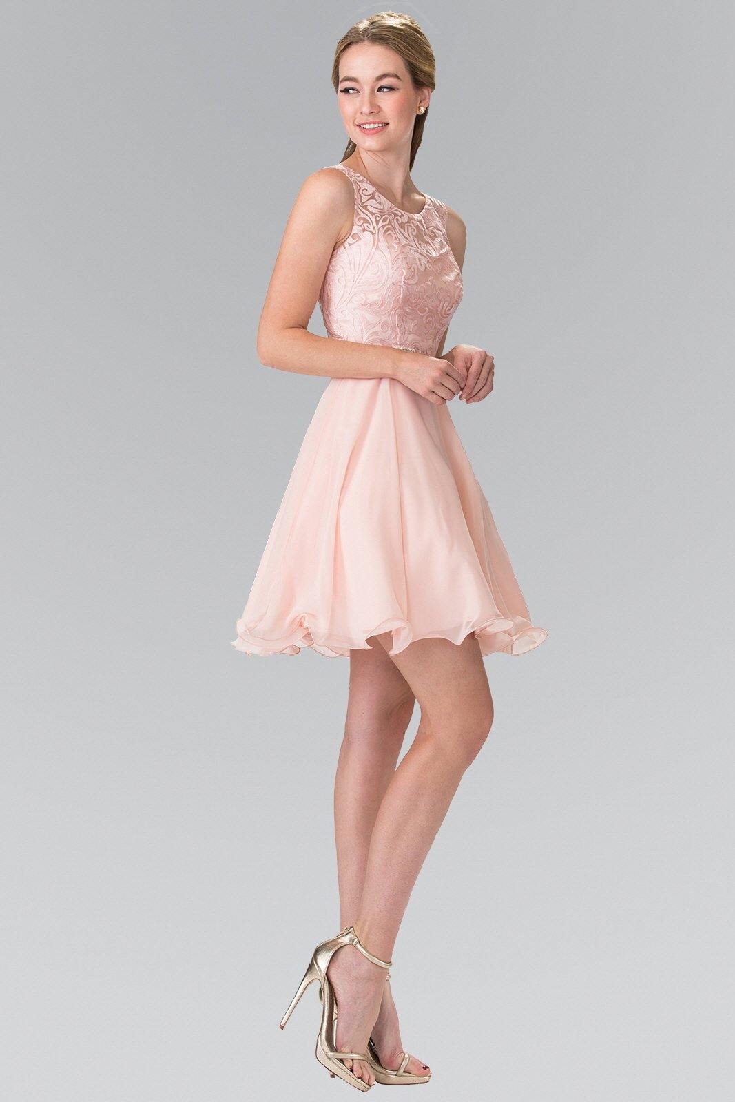 Sleeveless A-line short chiffon graduation dress with lace bodice and jeweled waistline