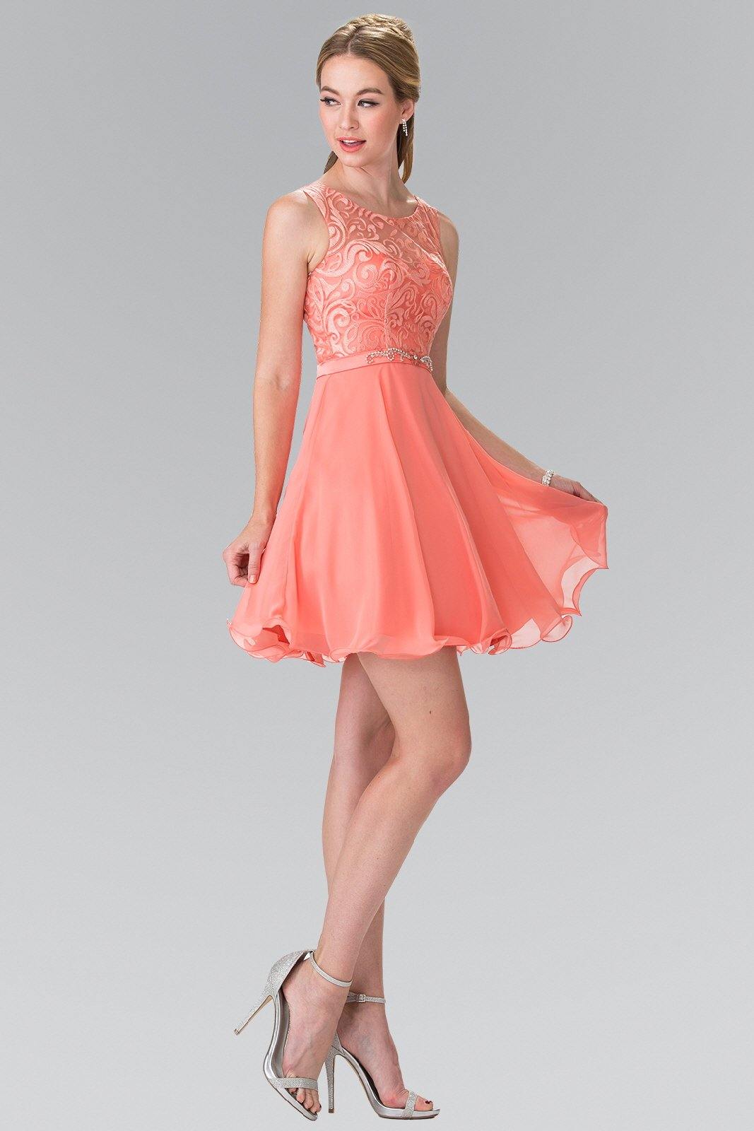 Sleeveless A-line short chiffon graduation dress with lace bodice and jeweled waistline