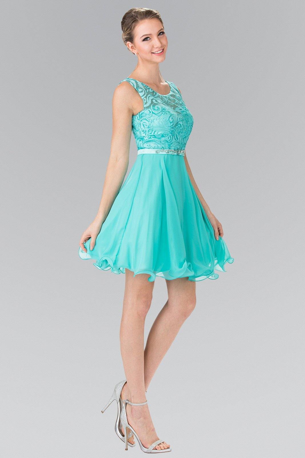 Sleeveless A-line short chiffon graduation dress with lace bodice and jeweled waistline