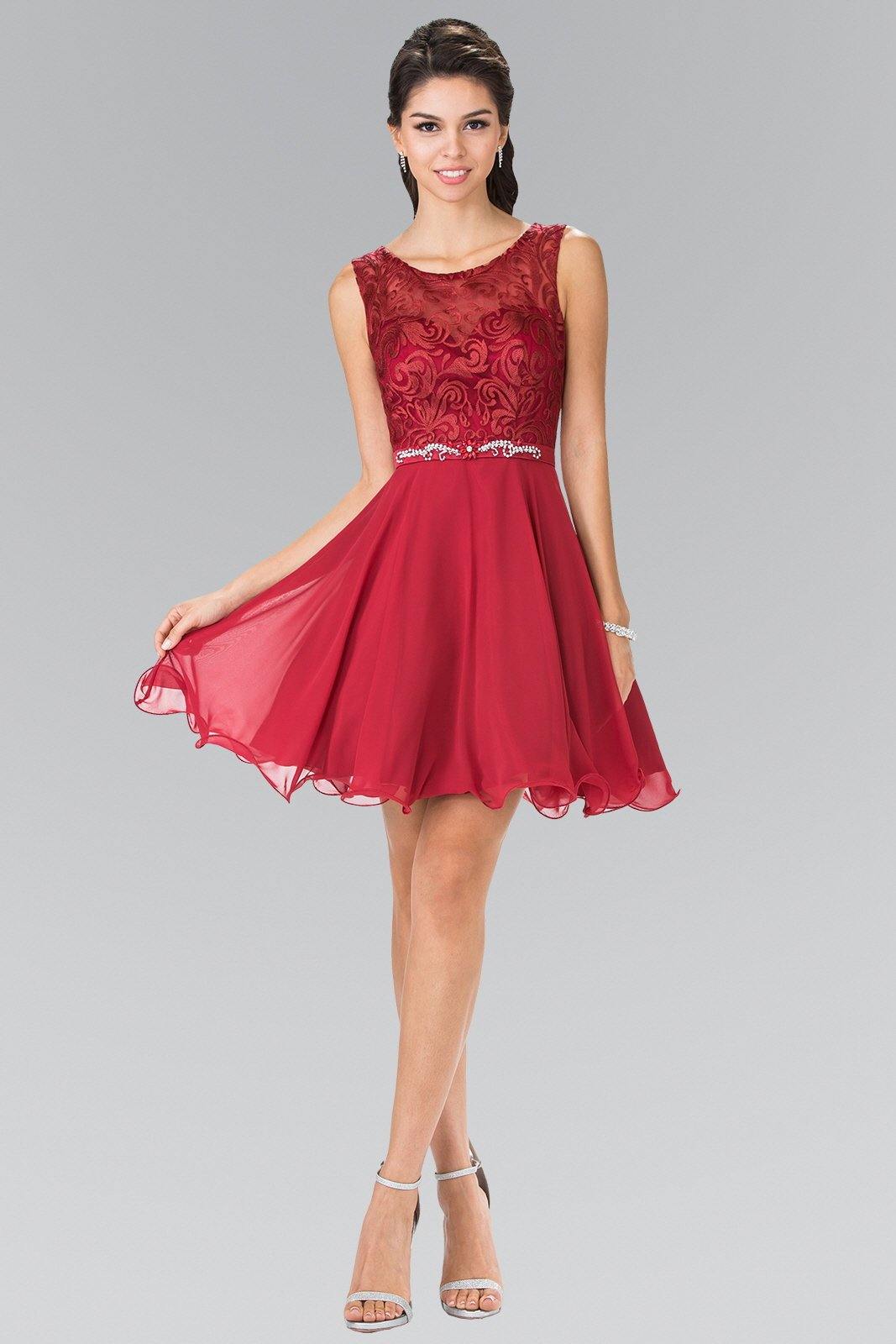 Sleeveless A-line short chiffon graduation dress with lace bodice and jeweled waistline