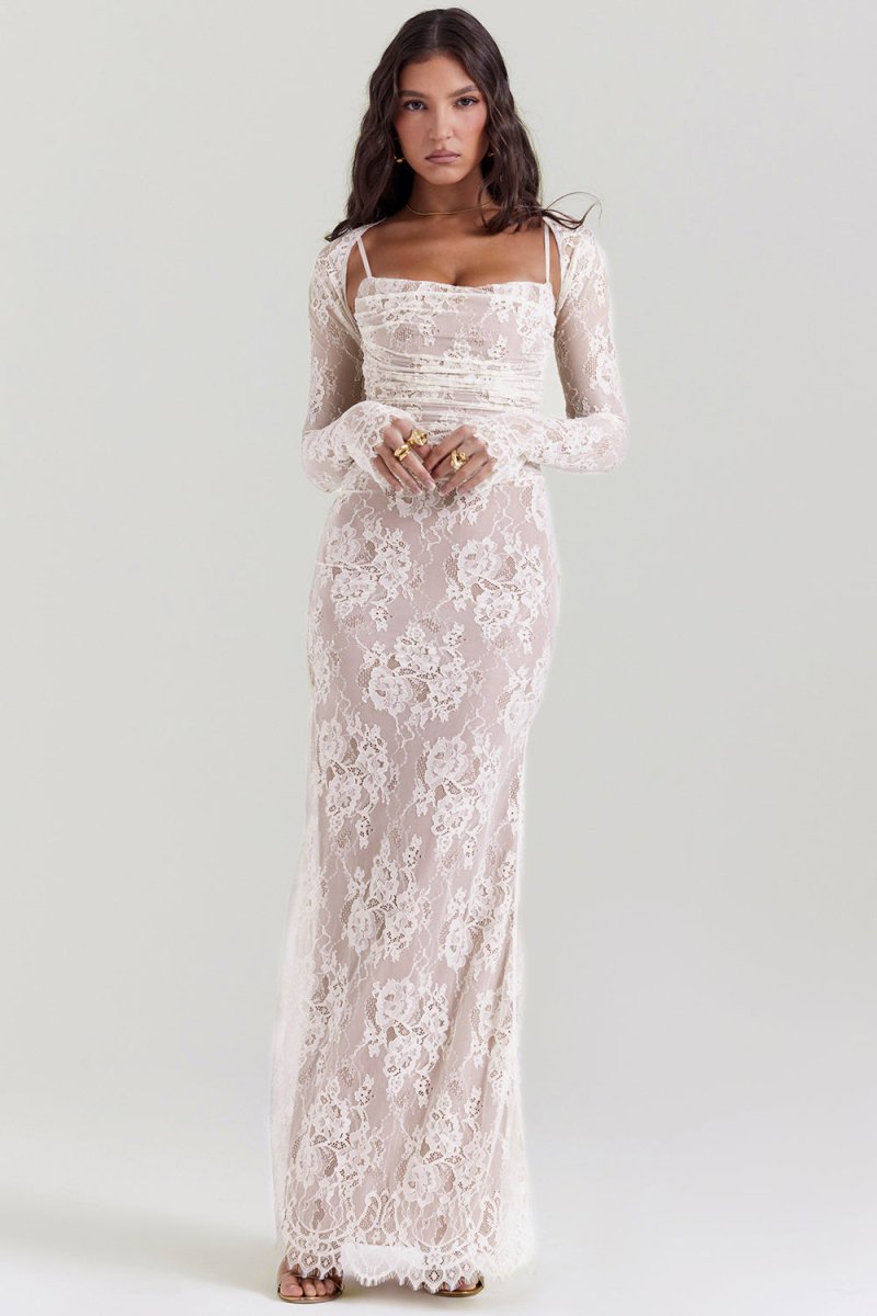 Women's black lace evening dress fitted corset bodice long sleeves elegant silhouette soft lining