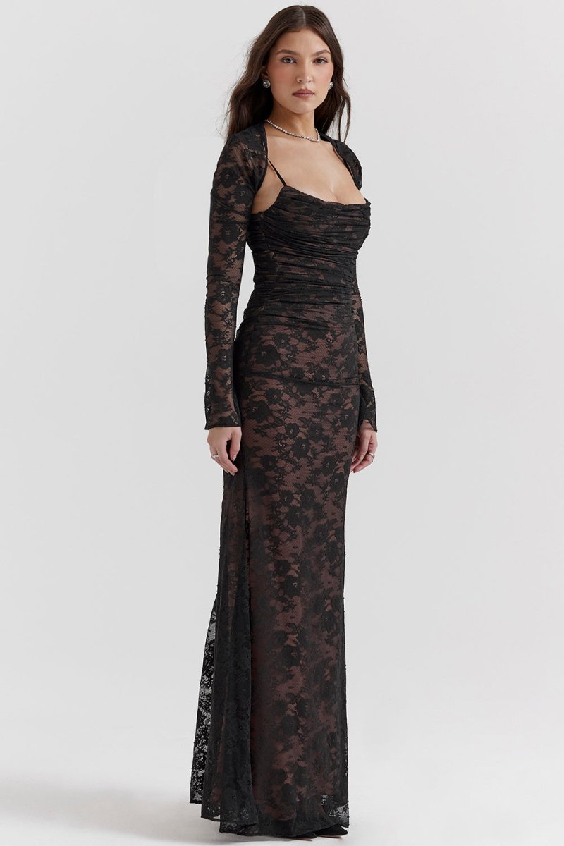 Women's black lace evening gown fitted corset bodice back lacing long sleeves elegant silhouette