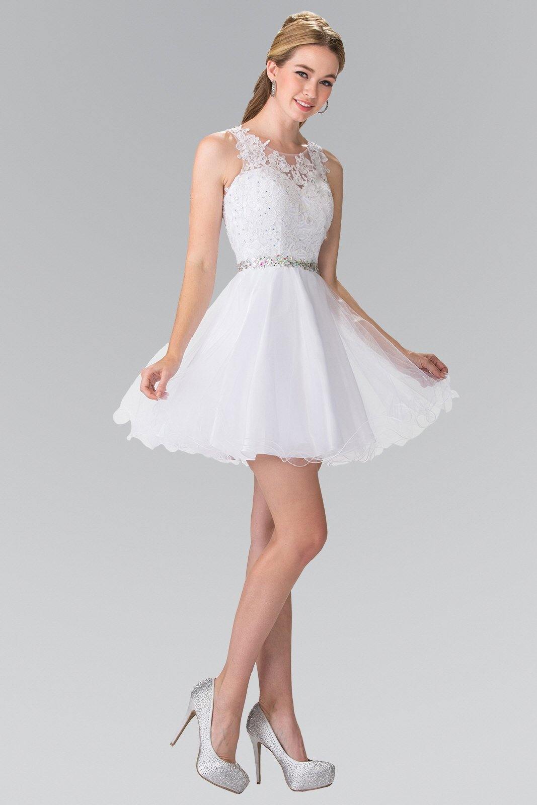 Short A-line graduation dress ivory lace illusion neckline beaded waist above-knee cocktail