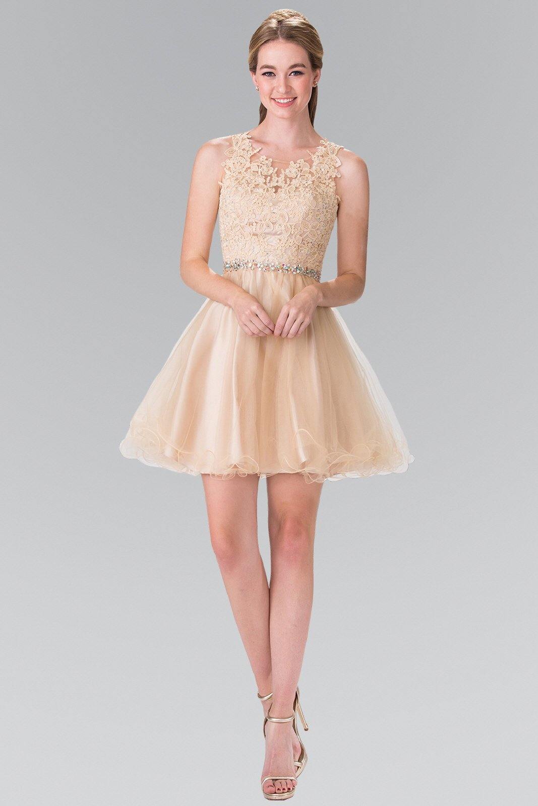 White lace illusion A-line short graduation dress with beaded waist and tulle overlay