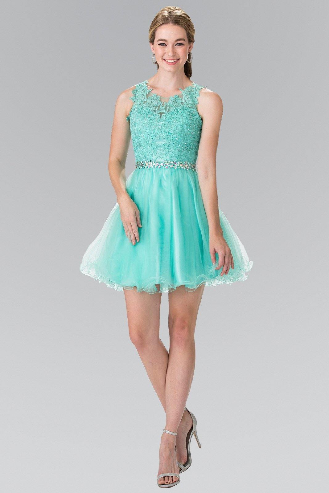 Short ivory lace illusion A-line graduation dress with beaded waist and tulle overlay