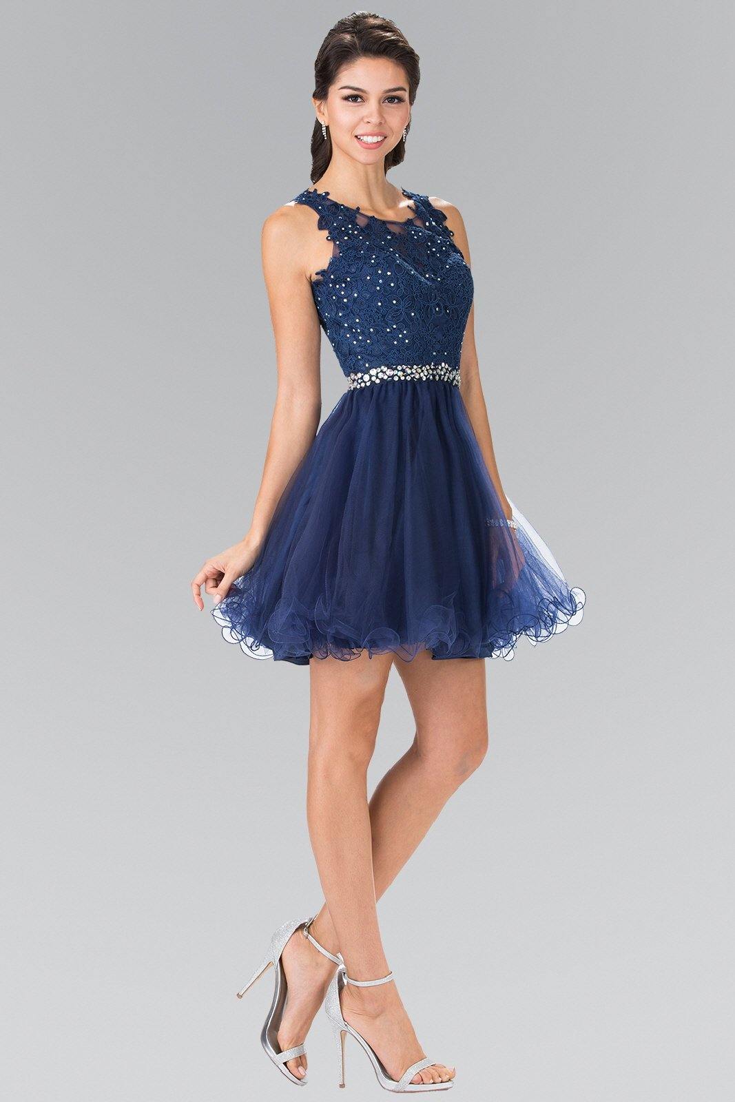 Ivory lace illusion A-line short graduation dress with beaded waist and tulle overlay