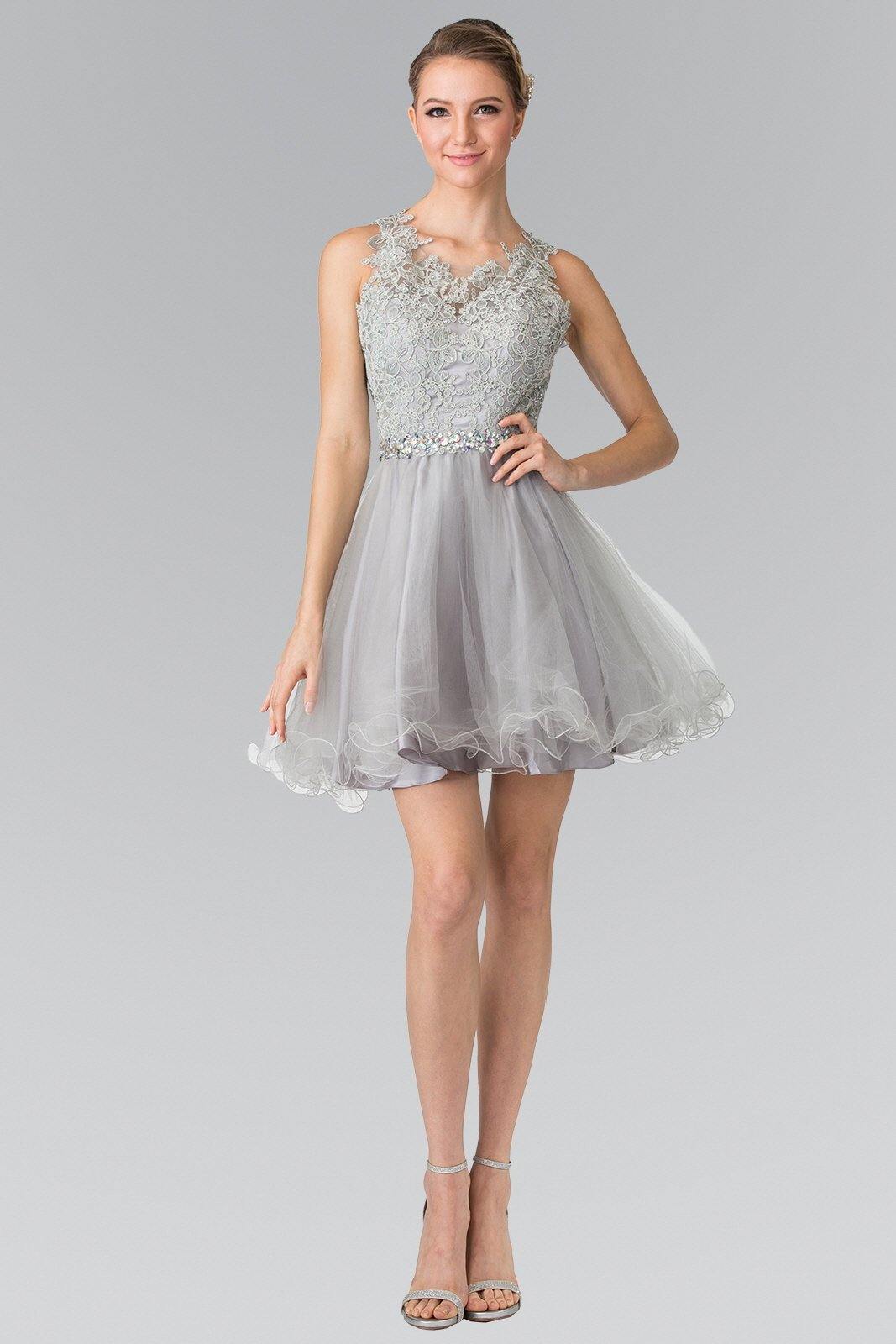 Ivory lace illusion A-line short graduation dress with beaded waist and tulle overlay