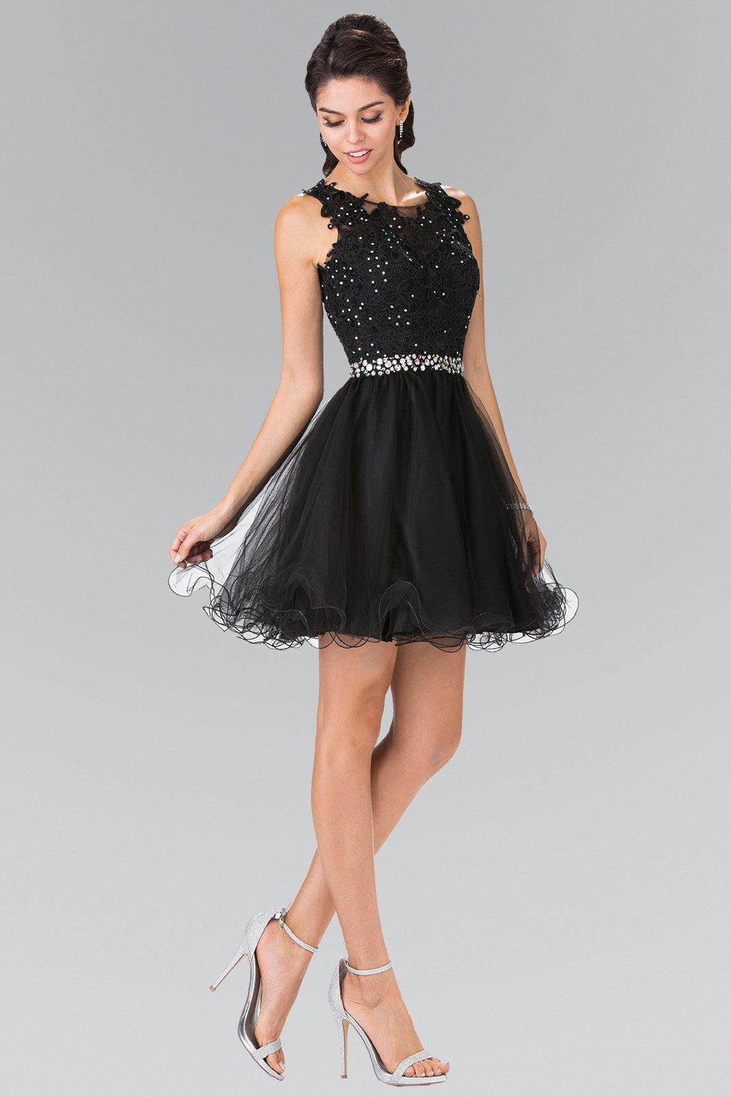 Ivory lace illusion A-line short graduation dress with beaded waist and tulle overlay