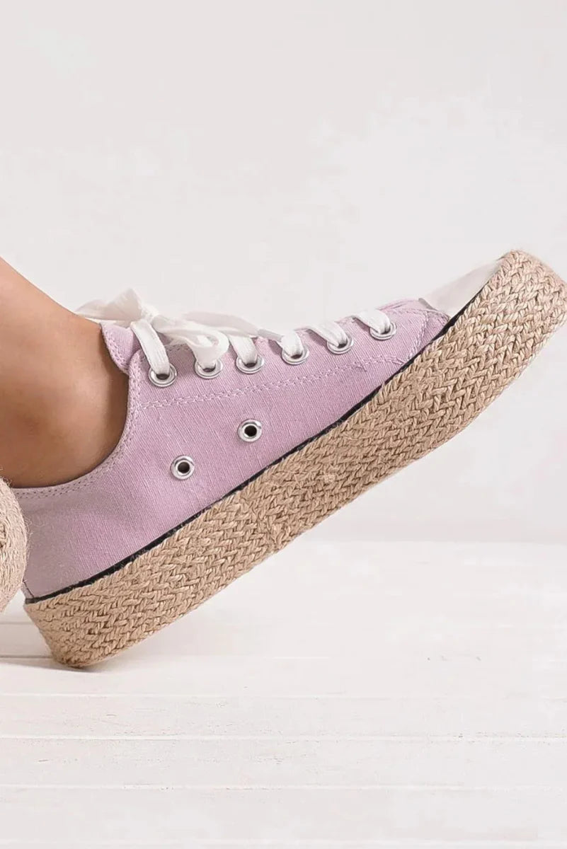 White canvas lace-up espadrille sneakers with breathable upper and woven jute sole