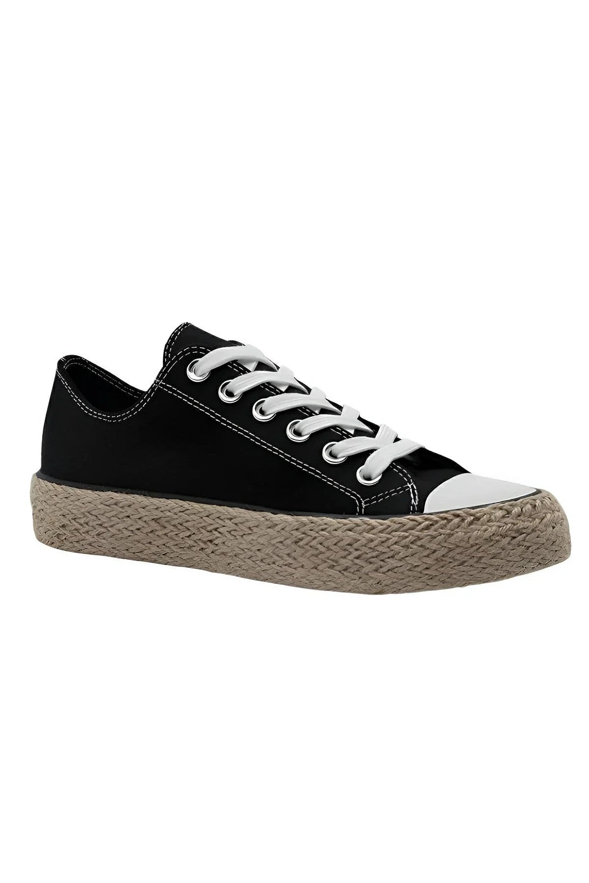 White canvas lace-up sneakers with woven jute espadrille sole, casual everyday style