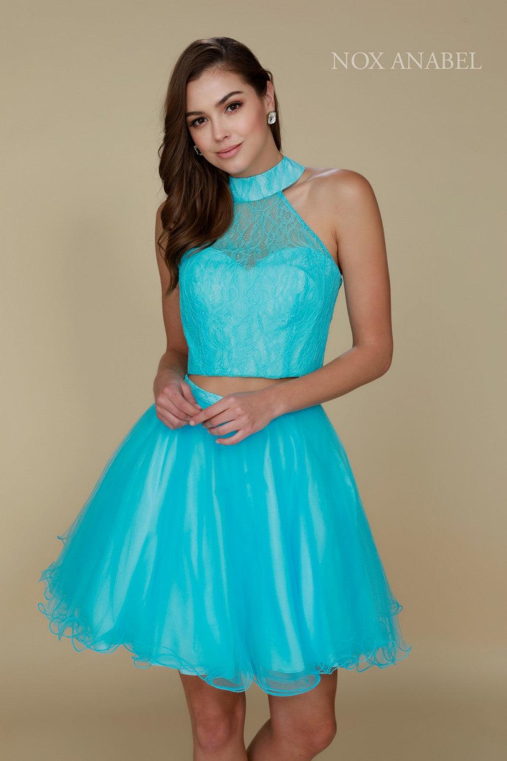 Lace two-piece homecoming dress high neck illusion crop top ruffled tulle skirt sheer back