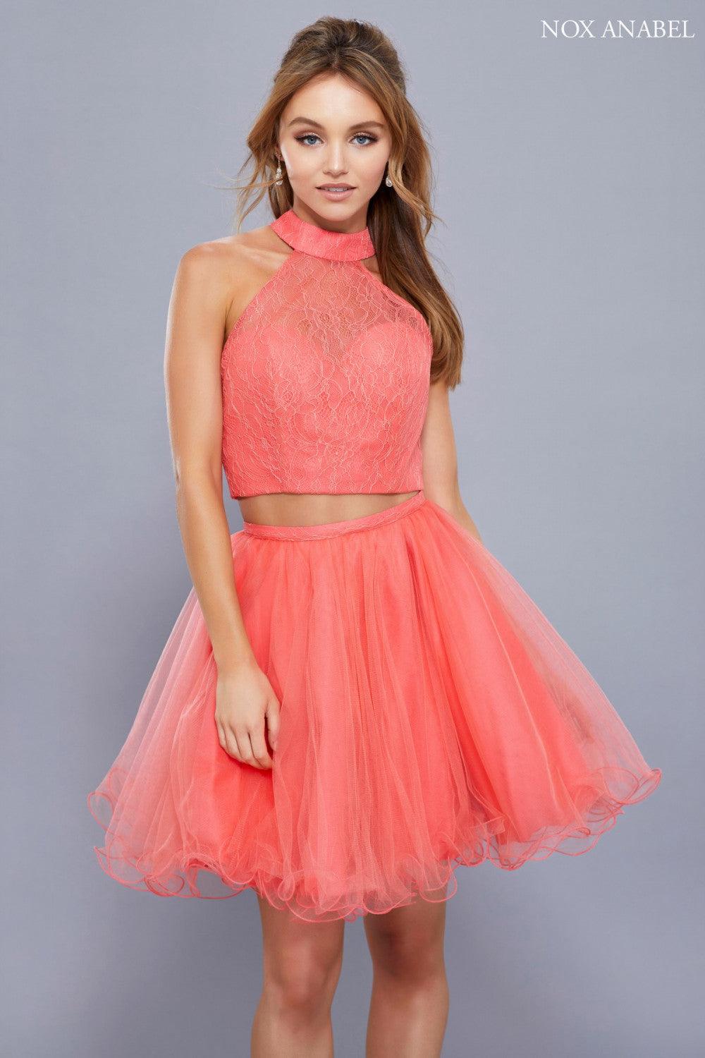Lace two-piece homecoming dress high neck illusion crop top ruffled tulle skirt sheer back