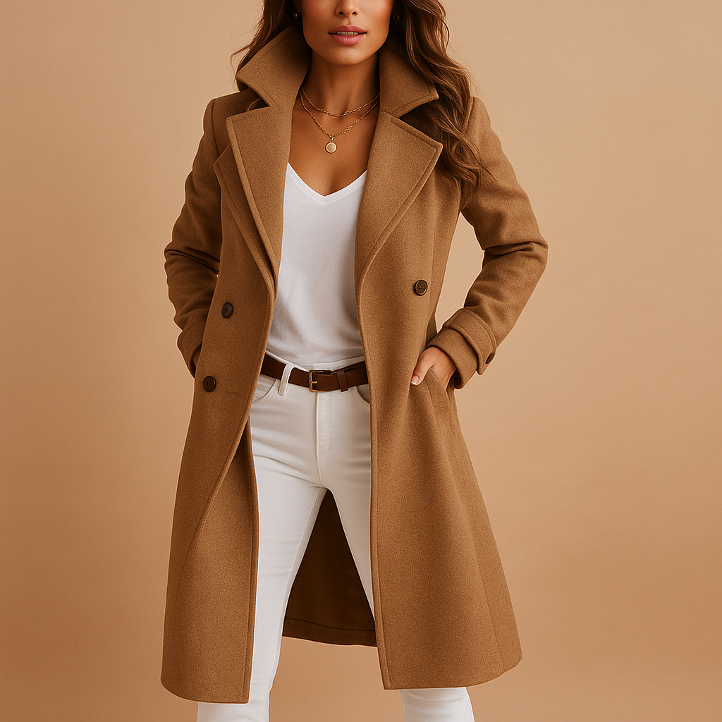 Women's tailored long coat classic collar button closure formal elegant silhouette timeless design