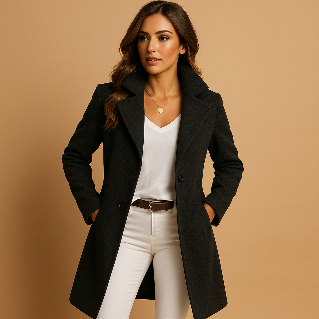 Women's tailored long coat classic collar button closure formal elegant silhouette timeless design