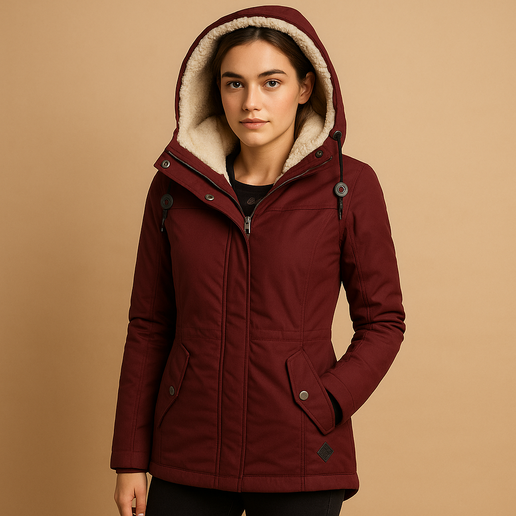 Women's long fitted winter coat with insulated lining, elegant classic silhouette for cold weather