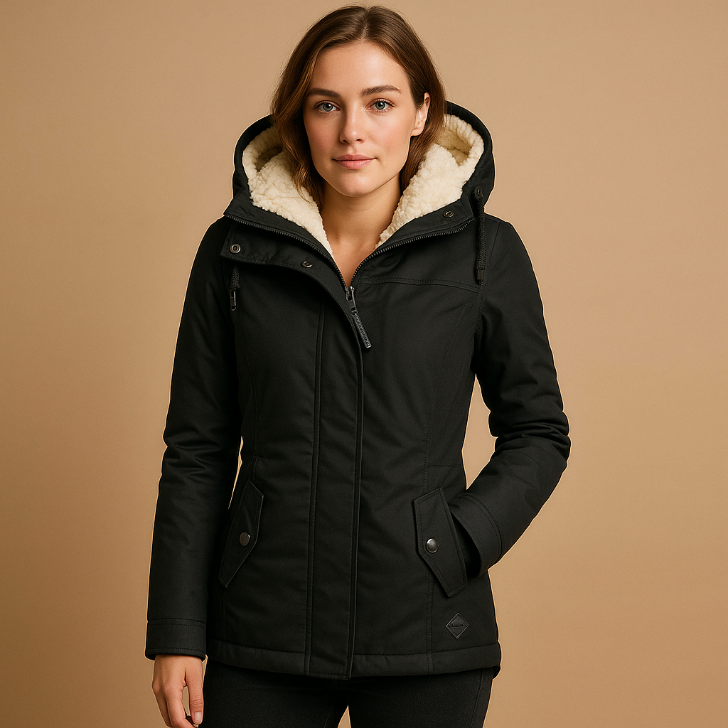 Women's long fitted winter coat with insulated lining, classic elegant silhouette for cold weather
