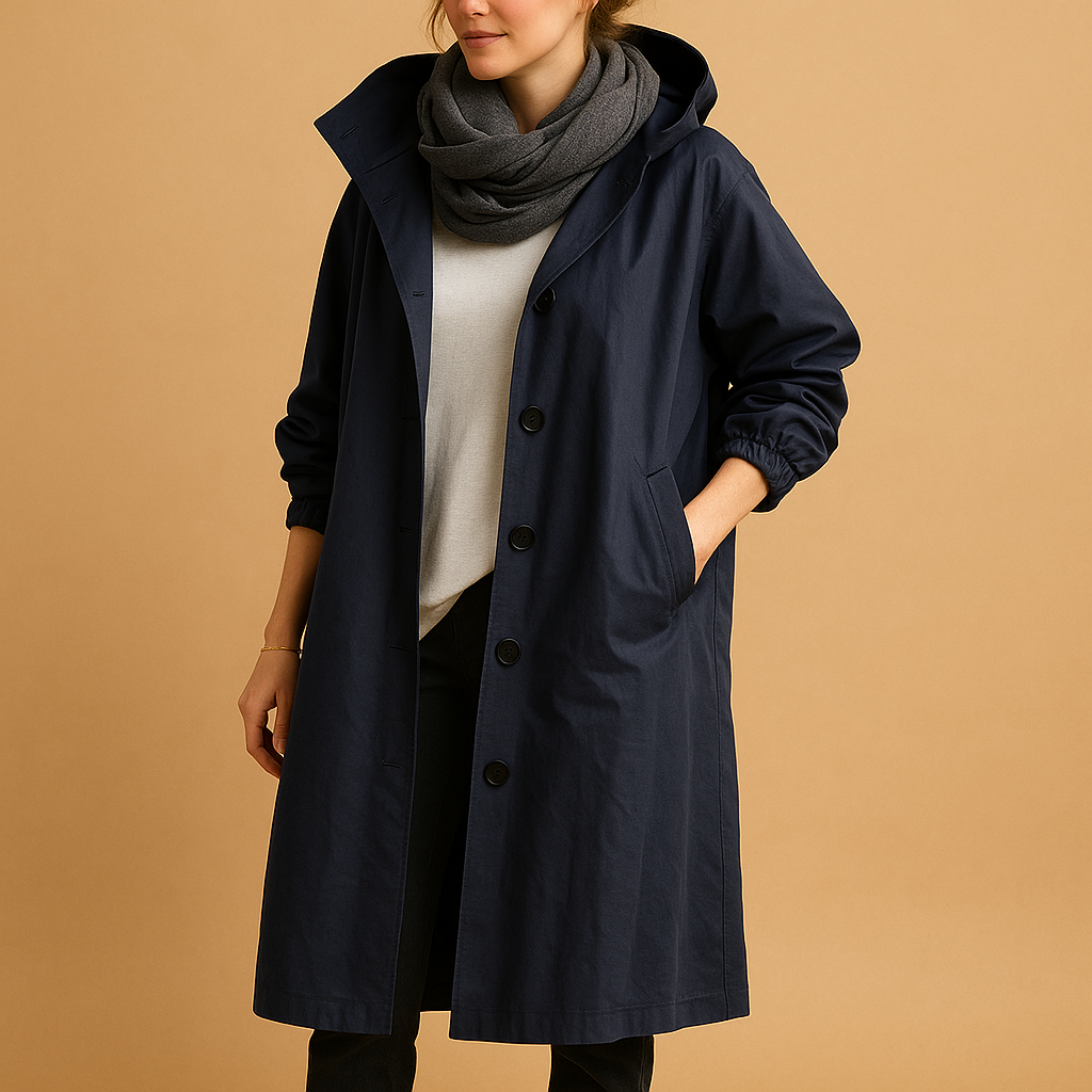 Women's casual mid-length waterproof trench coat in neutral tone with everyday rain protection