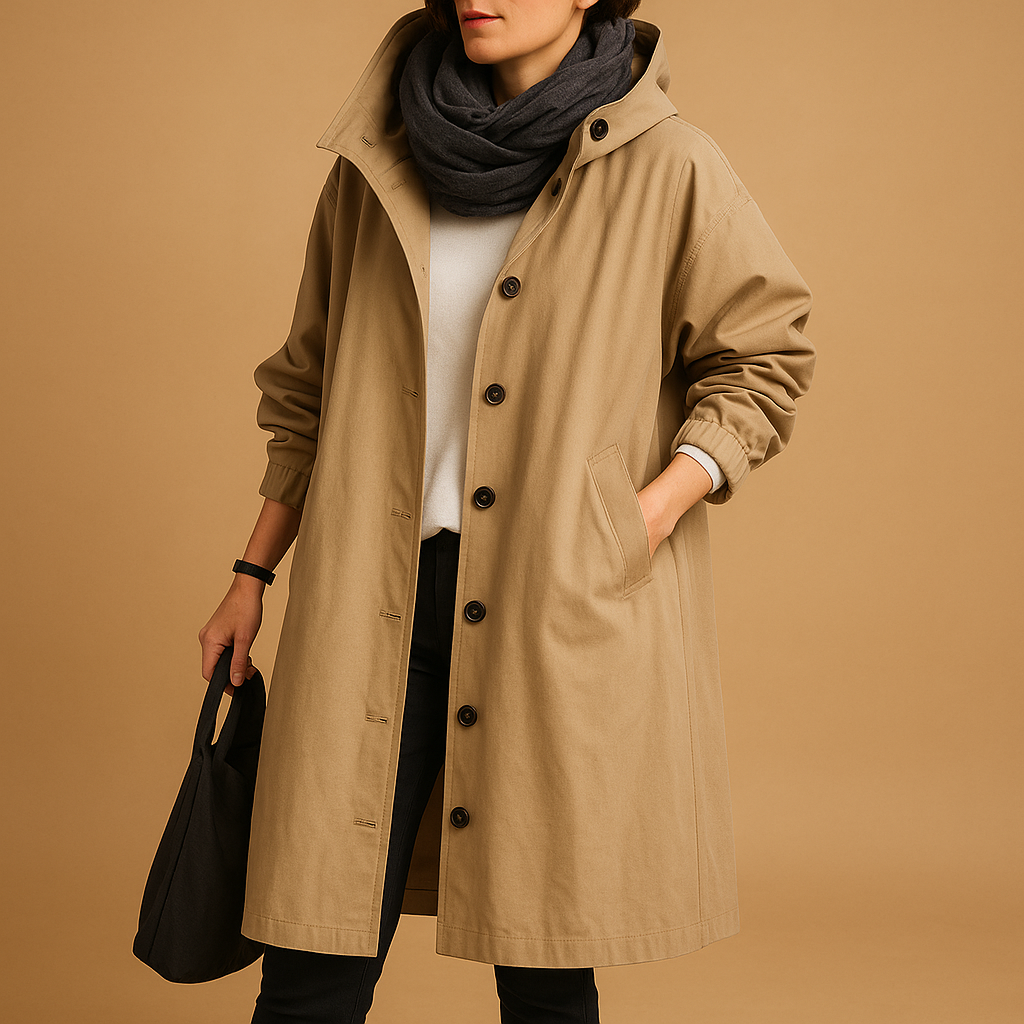 Women's casual mid-length waterproof trench coat in neutral tone with everyday rain protection