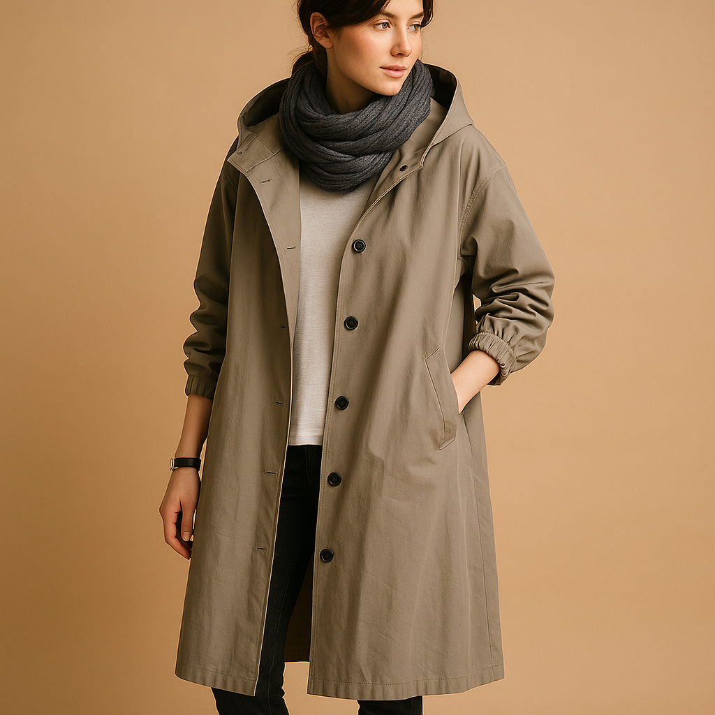 Women's casual mid-length waterproof trench coat in neutral tone with everyday rain-ready design