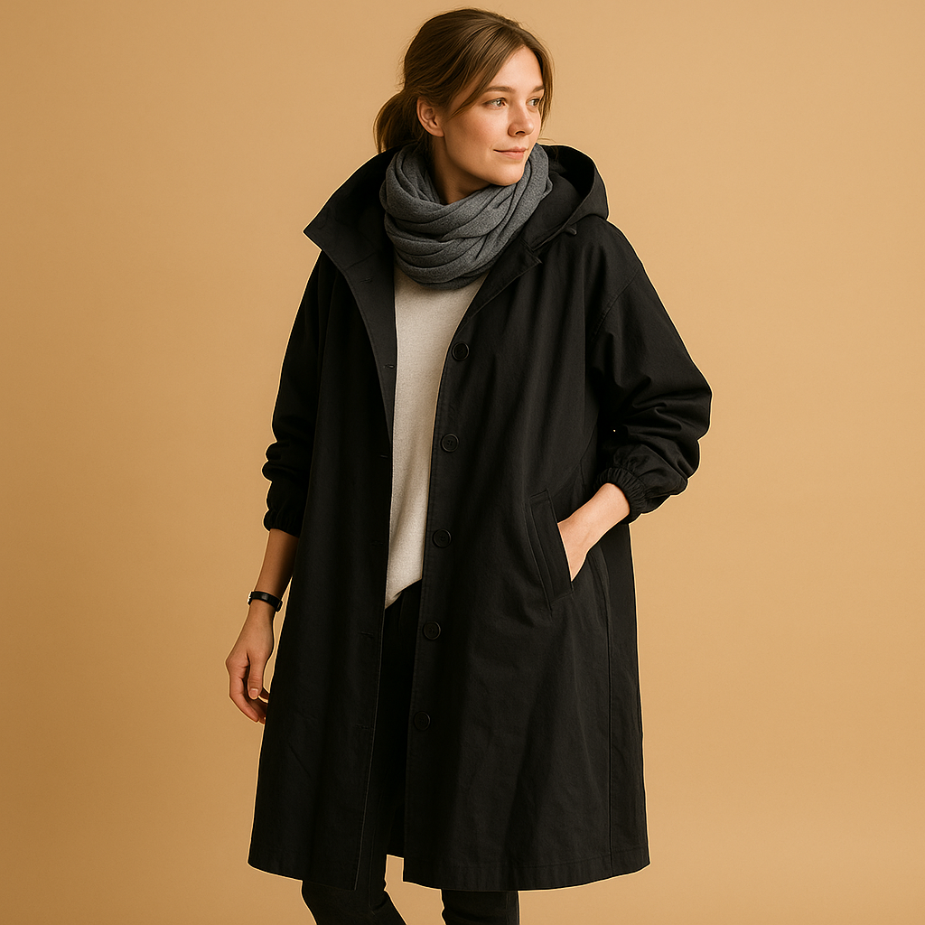 Women's casual mid-length waterproof trench coat in neutral tone with everyday rain-ready style