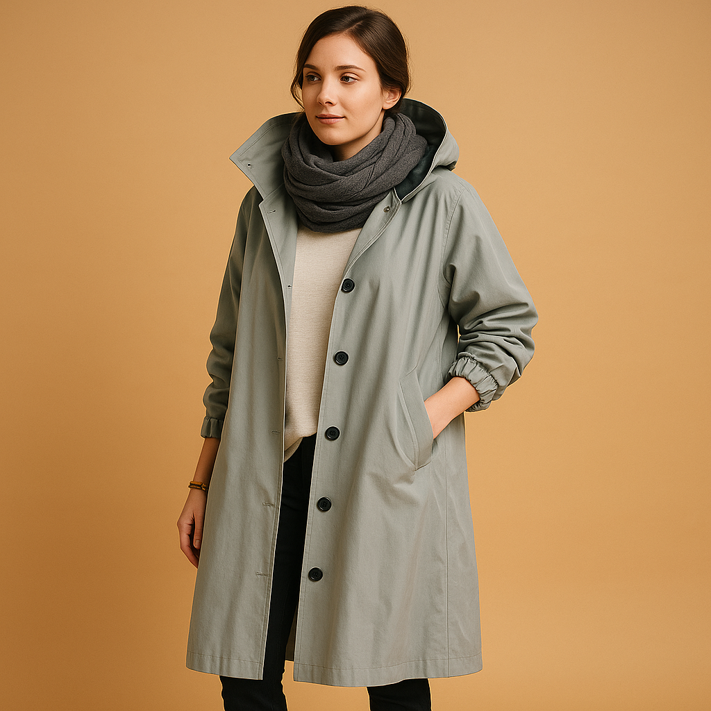 Women's casual mid-length waterproof trench coat in neutral tone with everyday rain-ready polished style
