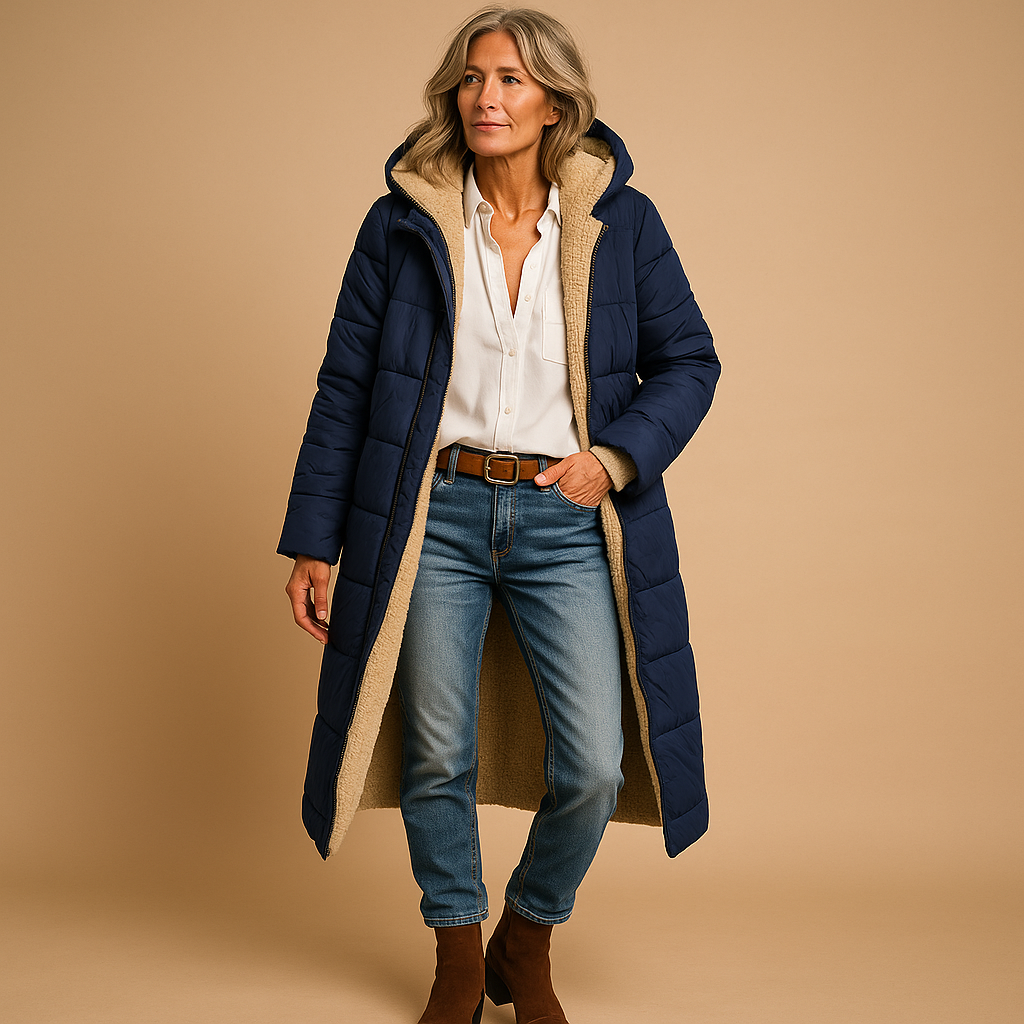 Women's long winter coat warm insulated elegant full-length silhouette in classic neutral tone