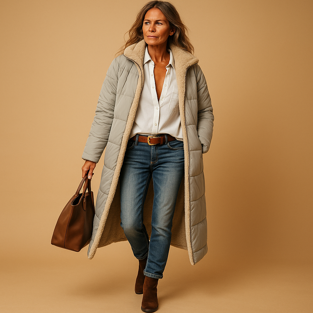 Women's long winter coat warm insulated elegant full-length silhouette polyester blend cold weather