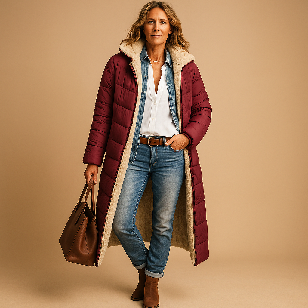 Women's long winter coat warm insulated elegant full-length silhouette in classic neutral tone