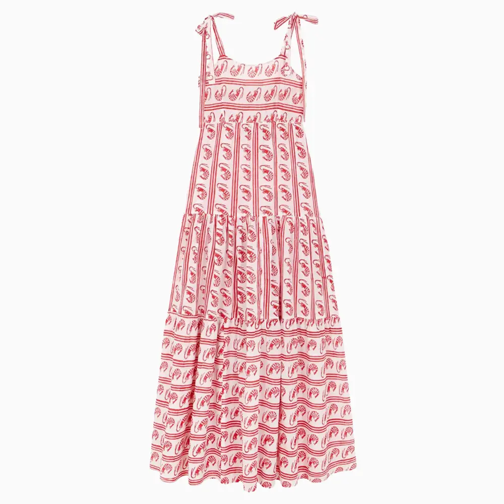Flowy sleeveless maxi dress in shrimp stripe print, lightweight open-back silhouette for women