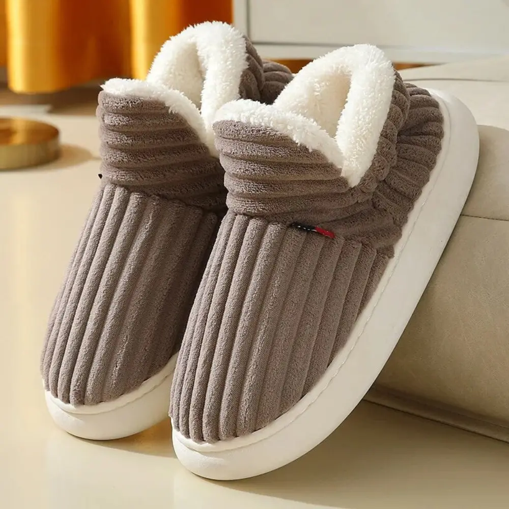 Women's fluffy sherpa-lined slip-on slippers in cozy neutral tones with non-slip outdoor sole