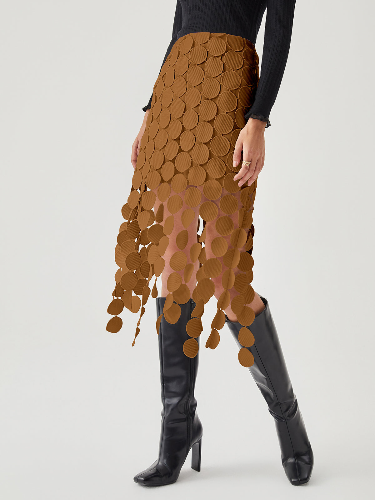 Women's black midi skirt laser-cut circle motifs double-layer jacquard modern work-to-evening style