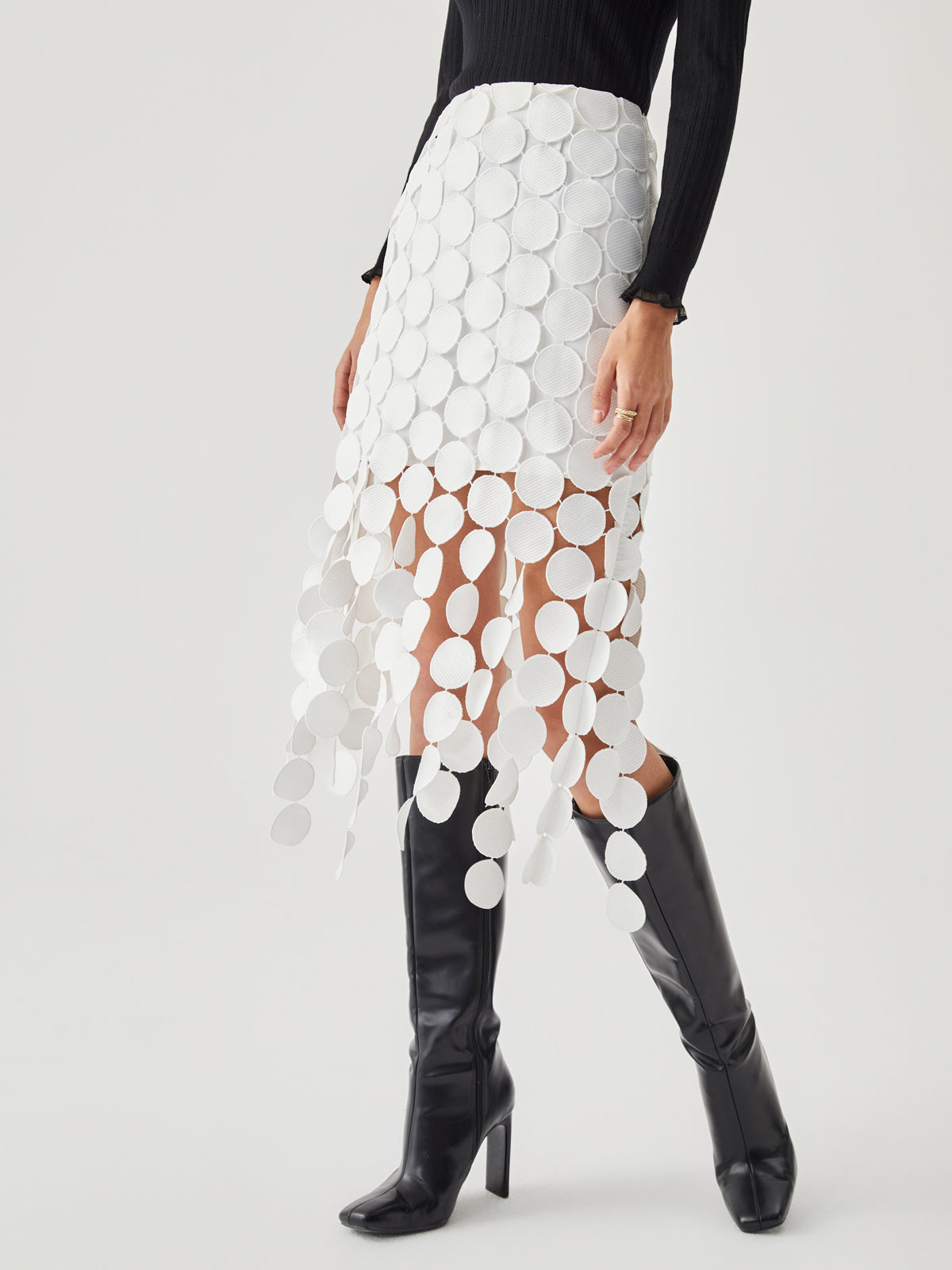 Women's black midi skirt laser-cut circle motifs double-layer jacquard modern elegant silhouette