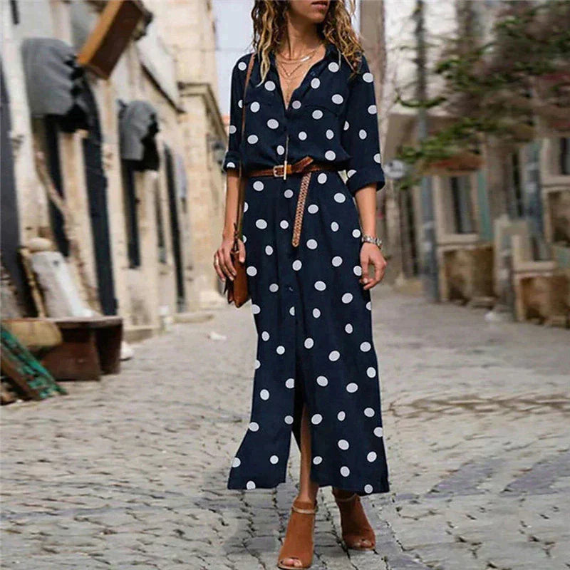 Stella | Women's Polka Dot Maxi Dress Long Sleeve Button-Down Shirt Dress