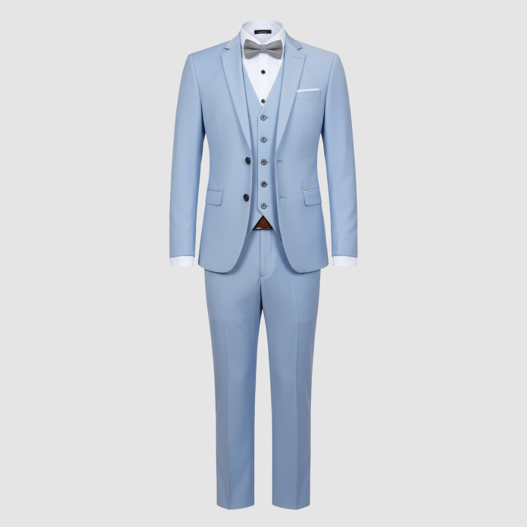 Men's charcoal three-piece suit notch lapel vest tapered trousers modern formal slim fit