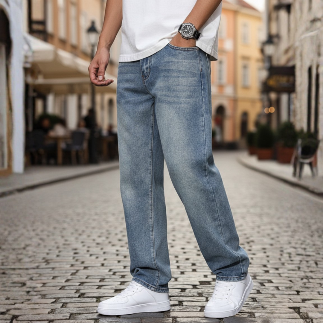 Men's casual denim jeans in classic blue, modern fit, ultra-comfortable durable fabric for everyday wear