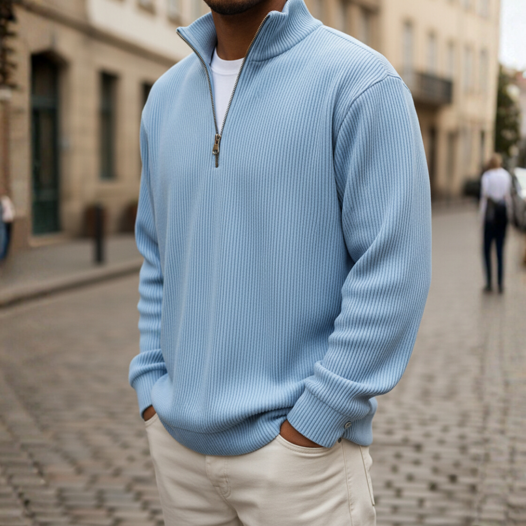 Men's high neck zip knit sweater soft ribbed casual pullover for everyday autumn winter comfort