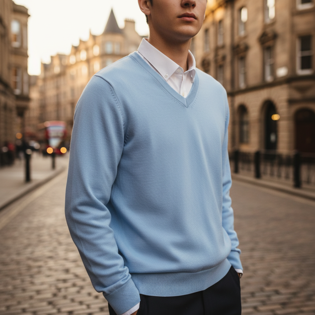 Men's classic V-neck sweater soft knit fabric regular fit versatile layering essential for office or casual wear