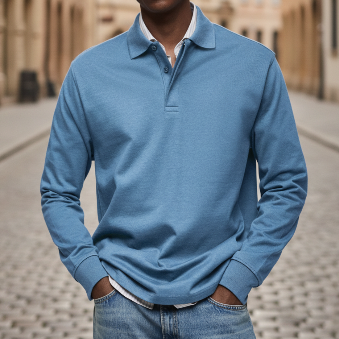 Men's long sleeve polo shirt button collar soft fabric relaxed fit versatile casual style cooler days