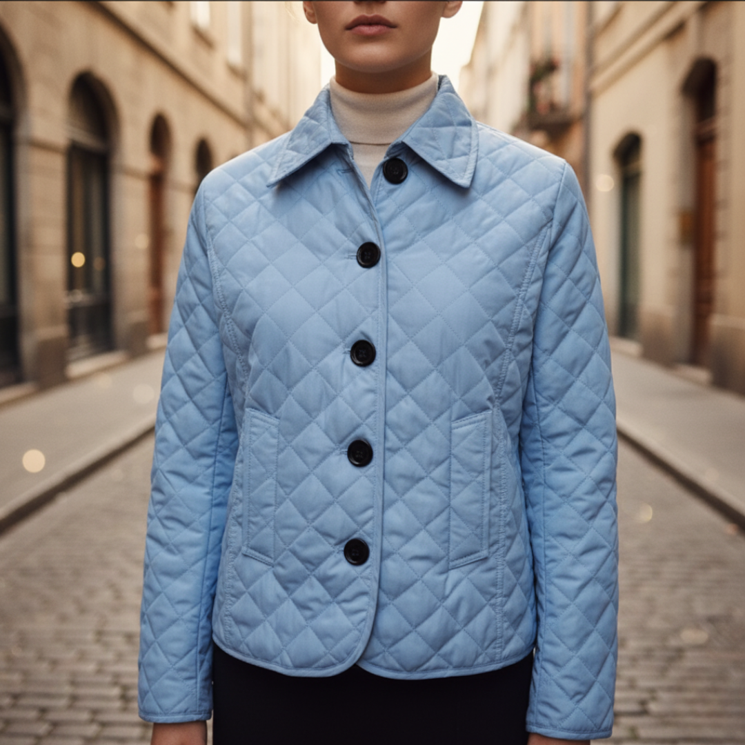 Women's lightweight diamond quilted jacket with shirt collar and snap button closure for transitional wear