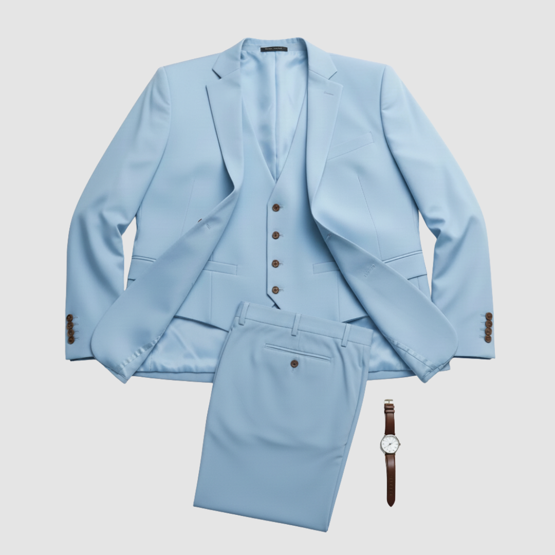Men's classic fit formal suit set navy jacket trousers shirt tie elegant three-button professional look