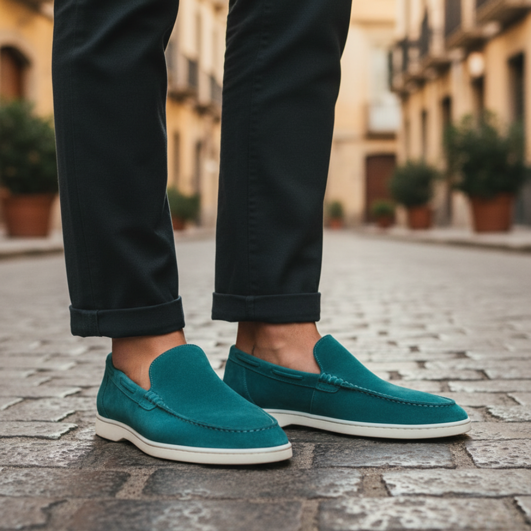 Men's suede slip-on moccasin loafers with rubber sole, casual comfort fit and visible stitching