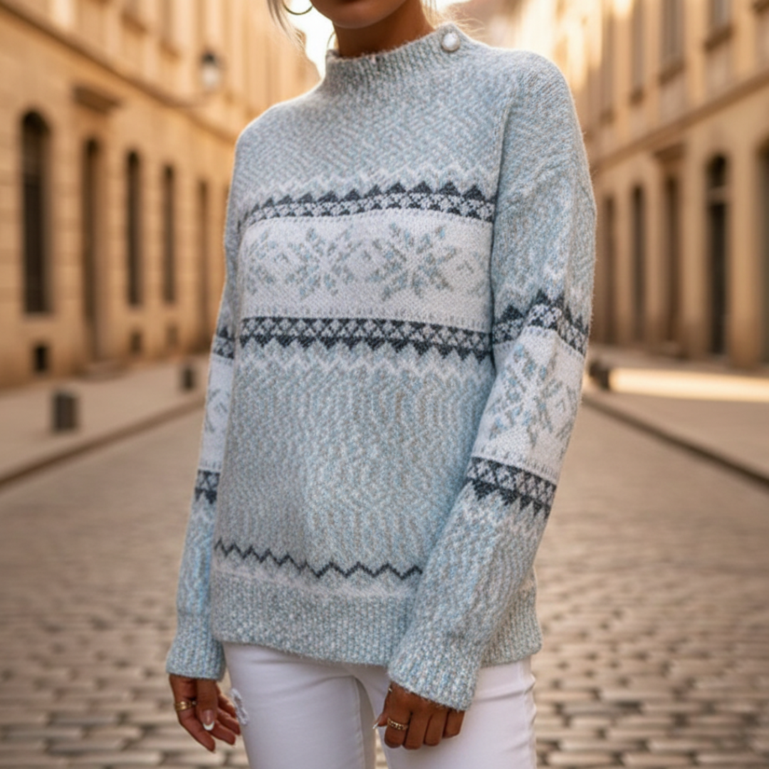 Women's green blue white Fair Isle jacquard winter sweater with geometric floral Nordic knit pattern