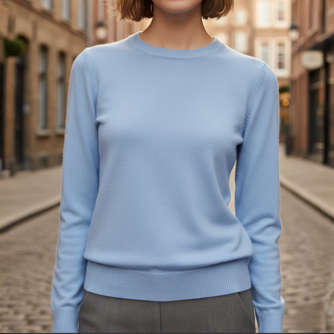 Women's fine knit crew neck sweater, slightly fitted long sleeve with ribbed cuffs and hem