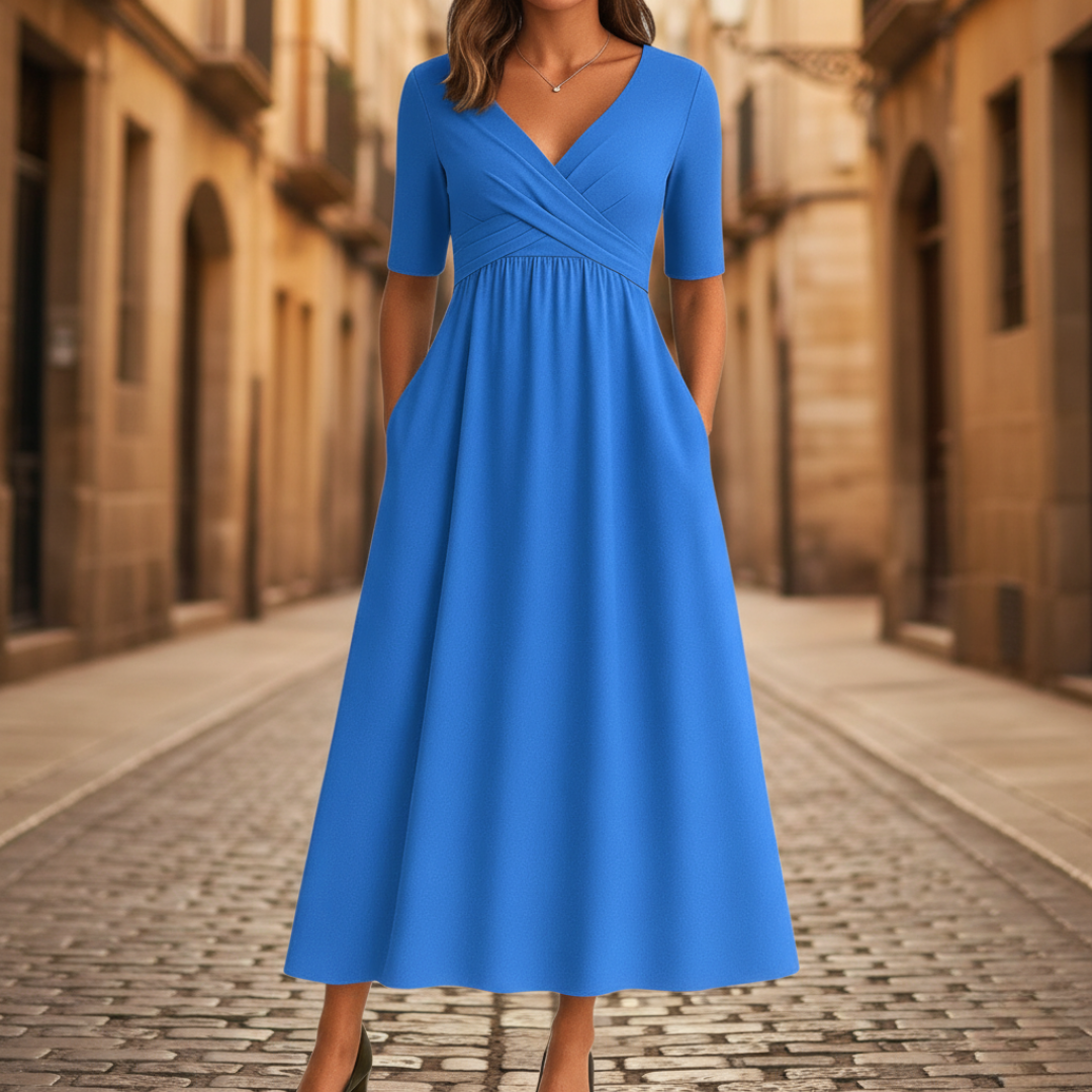 Women black pleated midi dress with crossed V-neck, flared silhouette, and side pockets