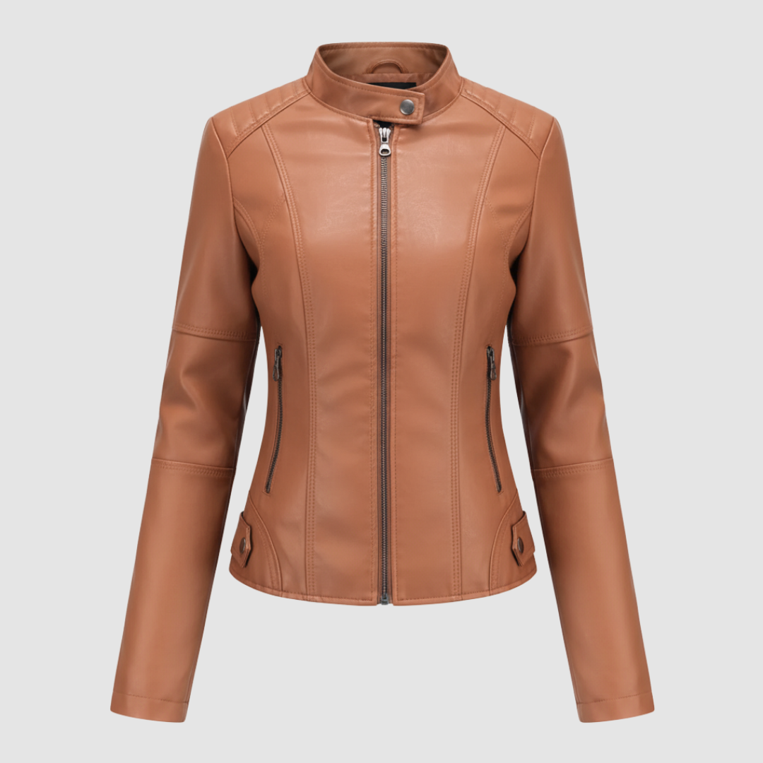 Women's black biker jacket Mandarin collar front zip quilted shoulders defined seam regular fit