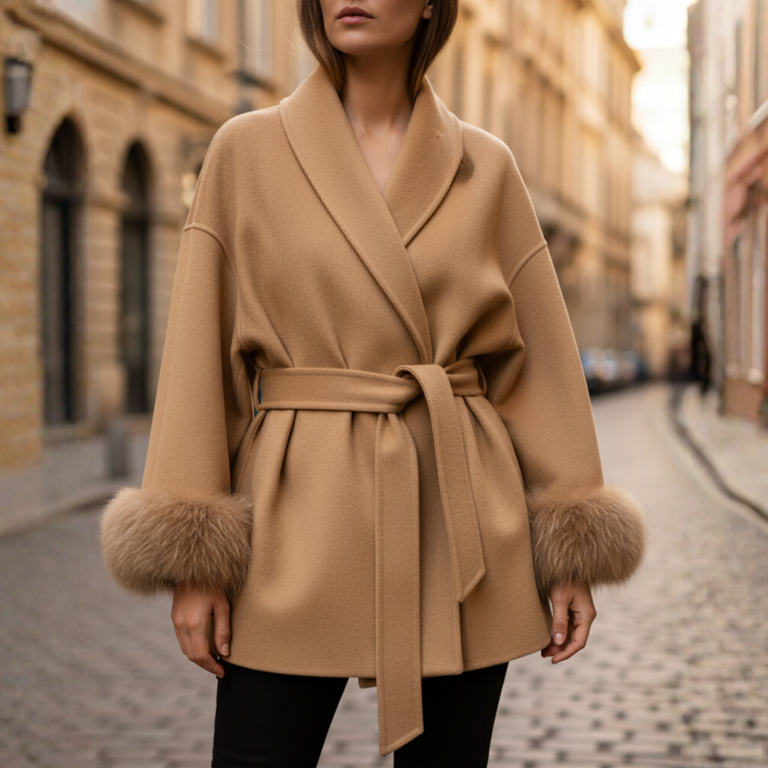 Women's short faux fur belted coat elegant winter wear refined silhouette multiple colors