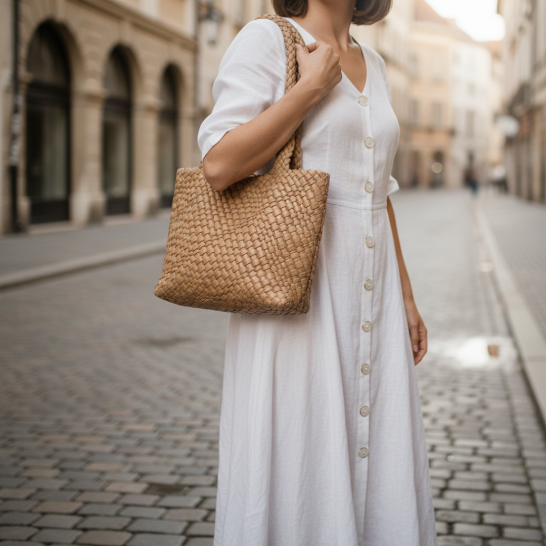 Women's black woven leather tote bag elegant structured silhouette spacious everyday work essential