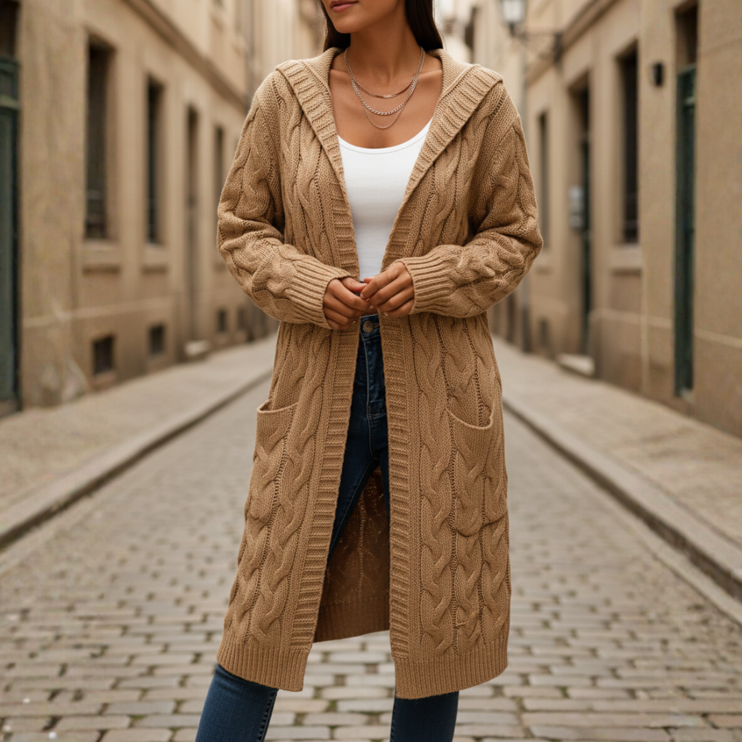 Women's long knit cardigan with pockets in light gray, cozy braided texture, relaxed everyday fit