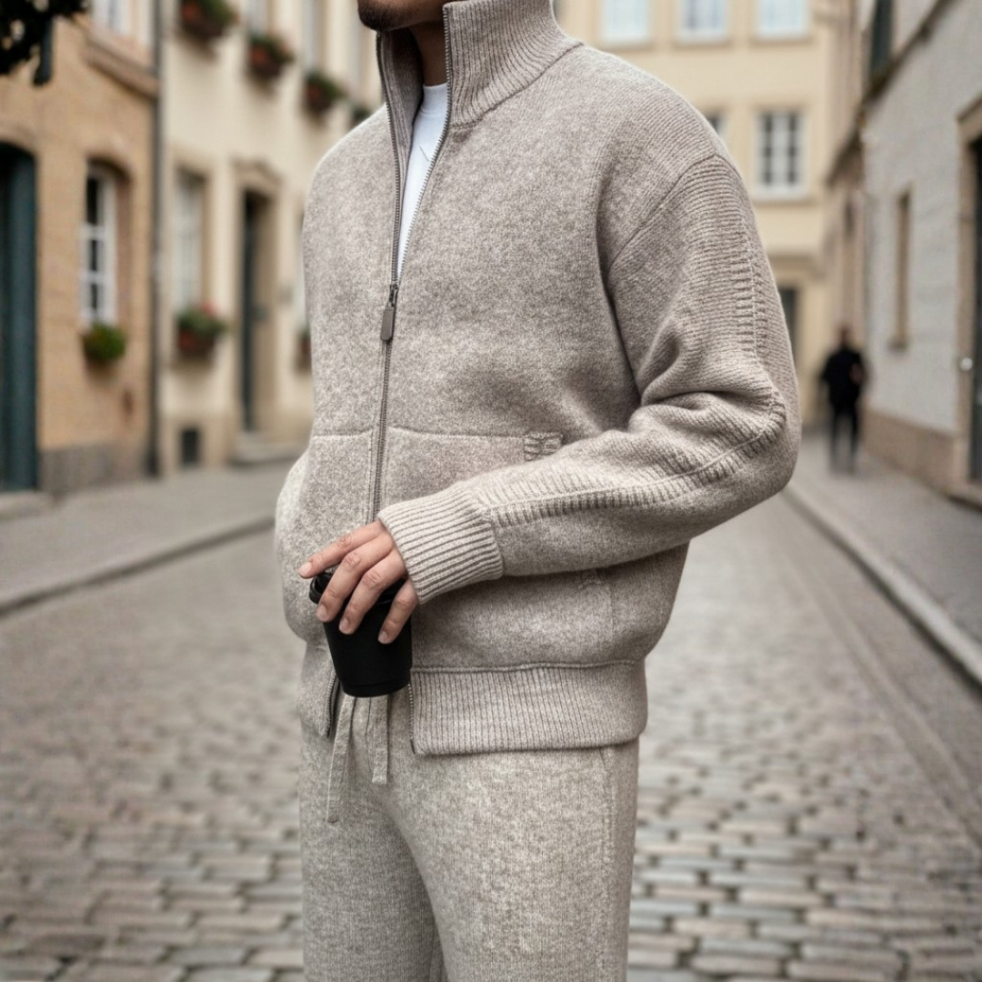 Men's wool knit zip jacket high collar full-zip versatile layering piece for everyday warmth