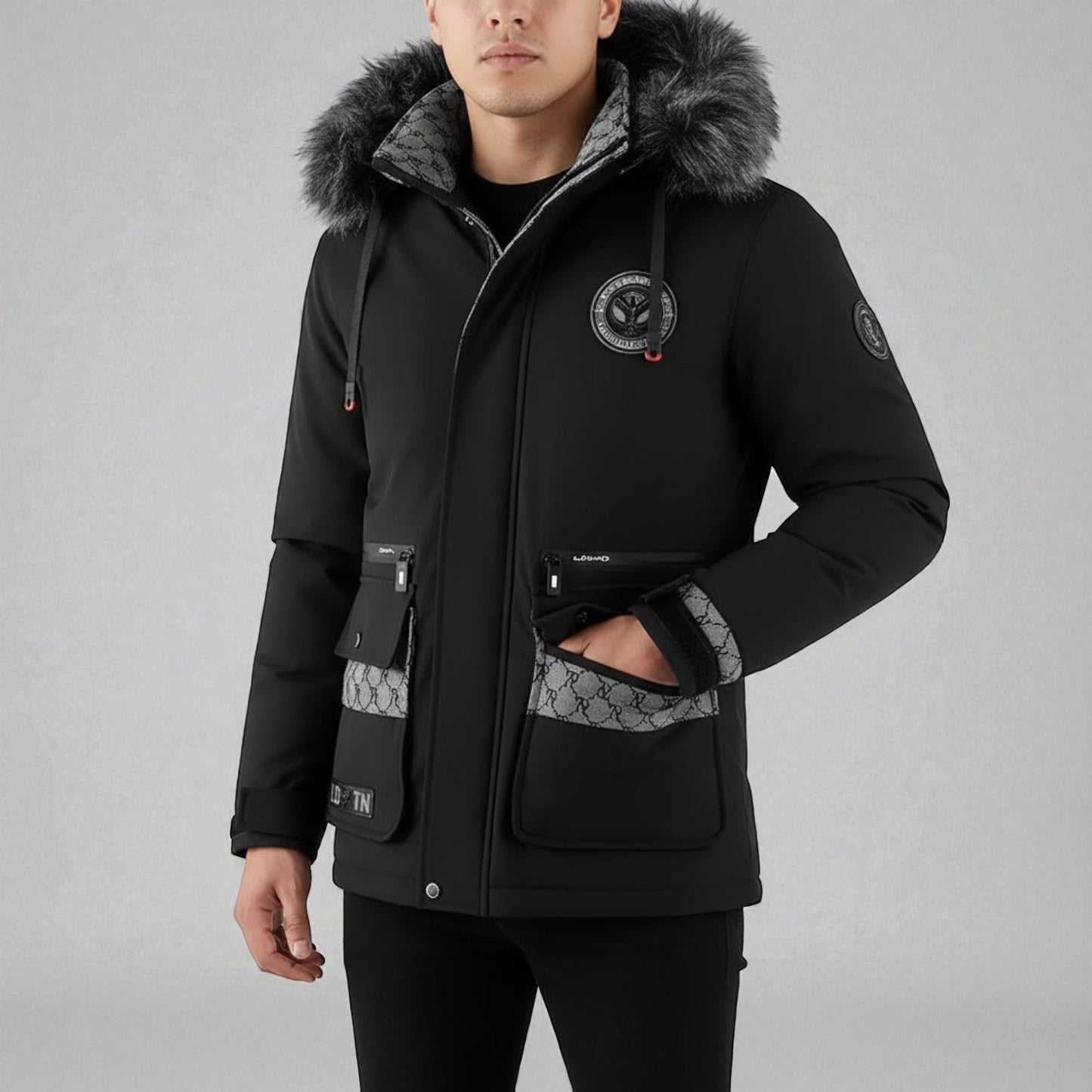 Leandro men's hooded down jacket navy insulated winter coat with durable weather-ready outer fabric